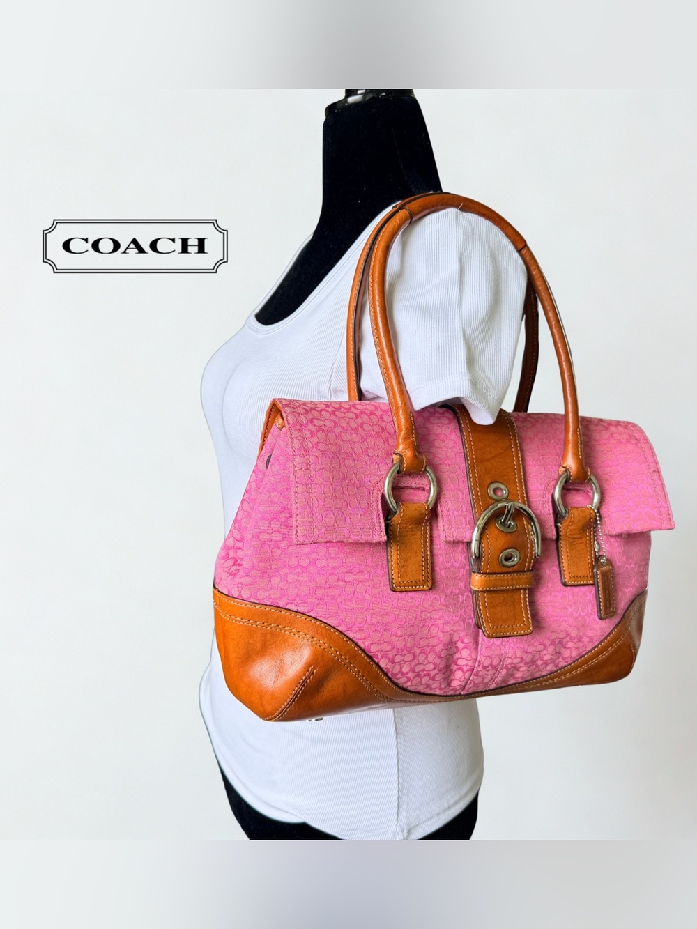 Coach Pink Canvas Satchel with Tan Leather Trim and Buckle Barbiecore